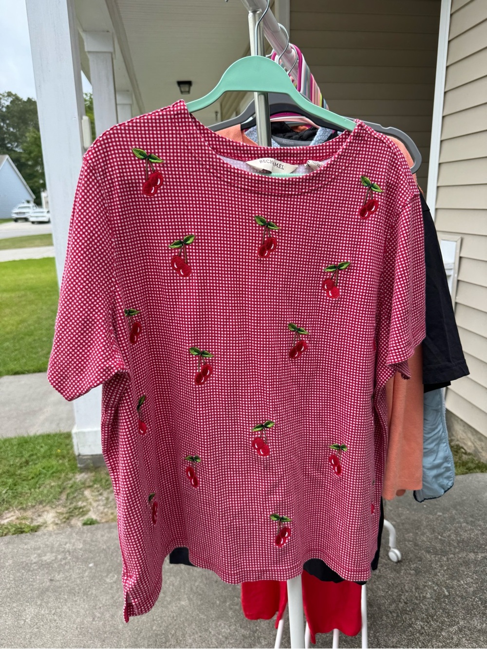 Bechamel Red & White Gingham Cherry Embroidered Short Sleeve Top